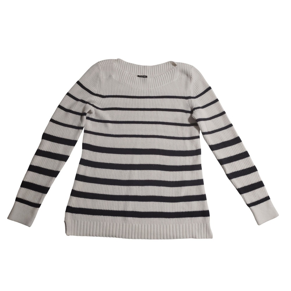 Talbots Petite Small White Navy Blue‎ Striped Boat Neck Cotton Blend Sweater SP